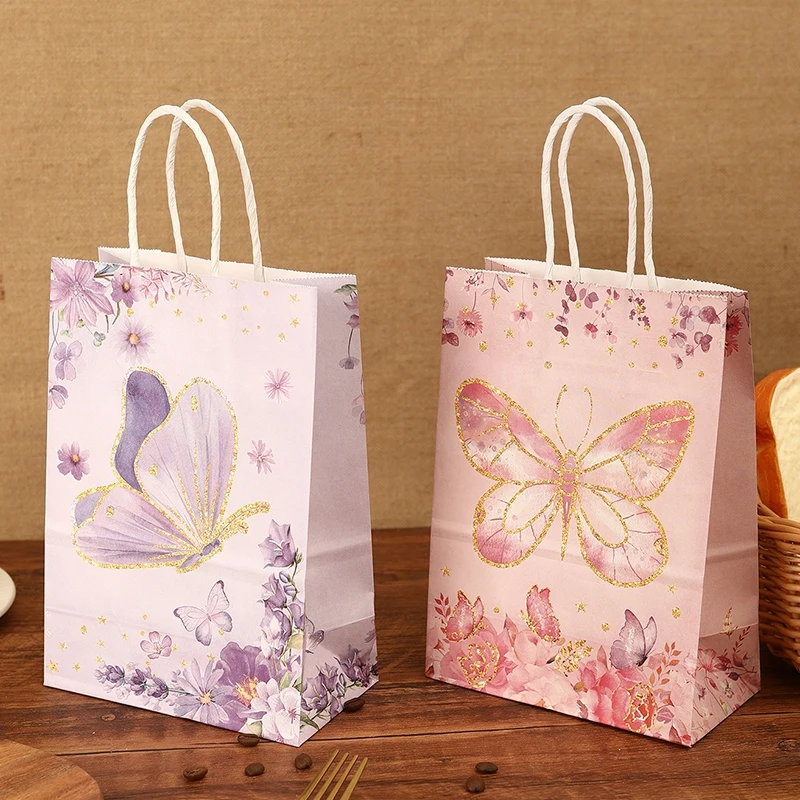 6 Pcs Butterfly Themed Paper Gift Bags, Pink And Purple Butterfly Pattern Tote Bags for Weddings Decor, Birthday and Party Decor