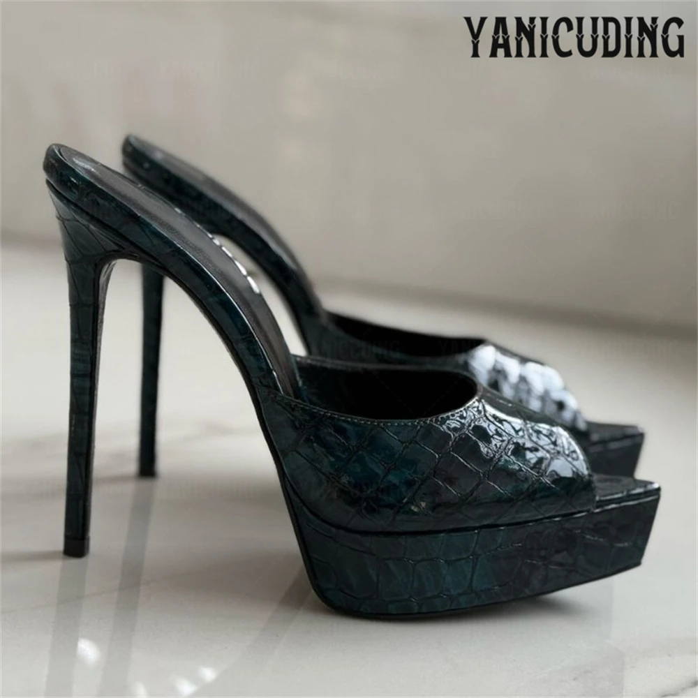 

Crocodile Leather Platform Mules Sexy Style Pointed Toe Stilettos Elegant Fashionable High Heels Women's Banquet Summer Slippers