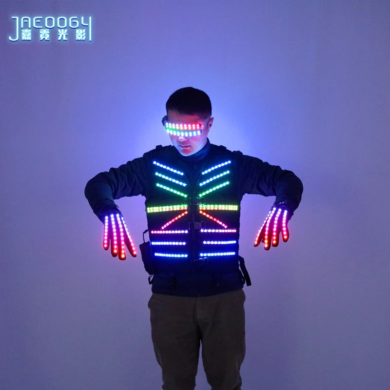 Colorful Glowing Robot Costume Night Stage Performance Fluorescent Gloves and Glasses for Bar Party Props