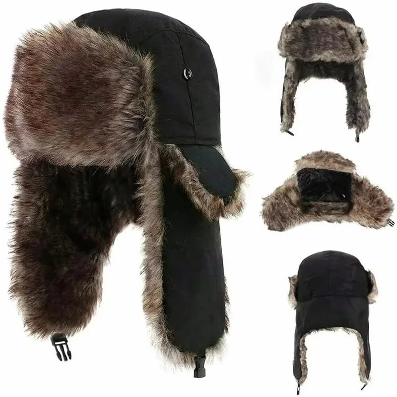 Russische Uschanka-Mütze für Herren im Militärstil, Pilotenmütze mit Ohrenschützern, winddicht, für kaltes Wetter, Armee, Fliegerfell, Patrouillenmütze – Detail 7