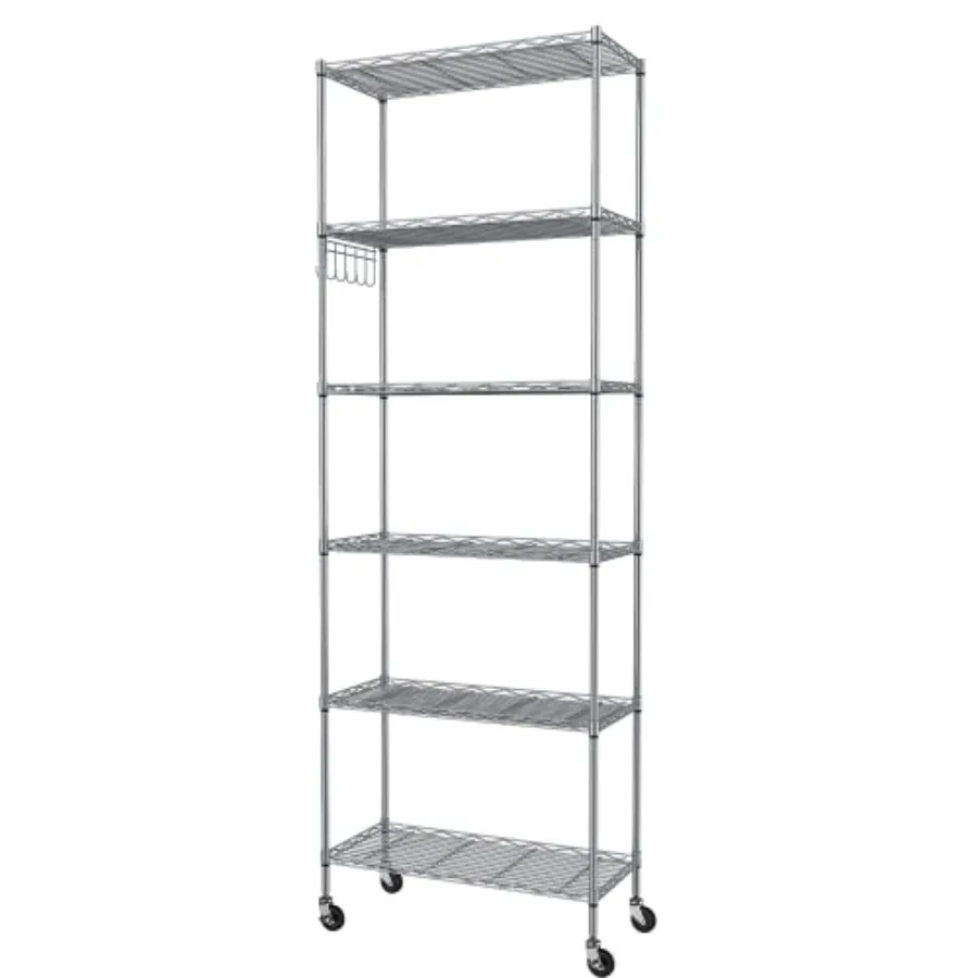 

6-Tier Storage Shelf Wire Shelving Unit Free Standing Rack Organization with Caster Wheels Stainless Side Hooks Gray Rack Organ