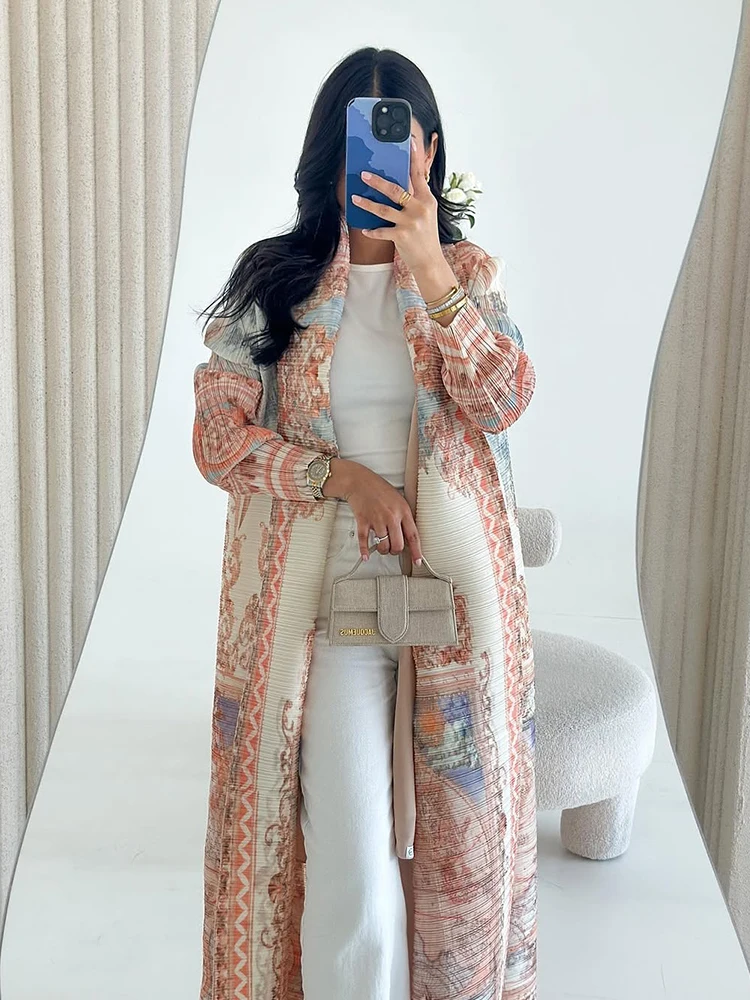 Arabian Dubai Pleated Robe Coat For Women Formal Fashion Clothing Luxury Evening Long Robe Female Plus Size Long Sleeves Coats