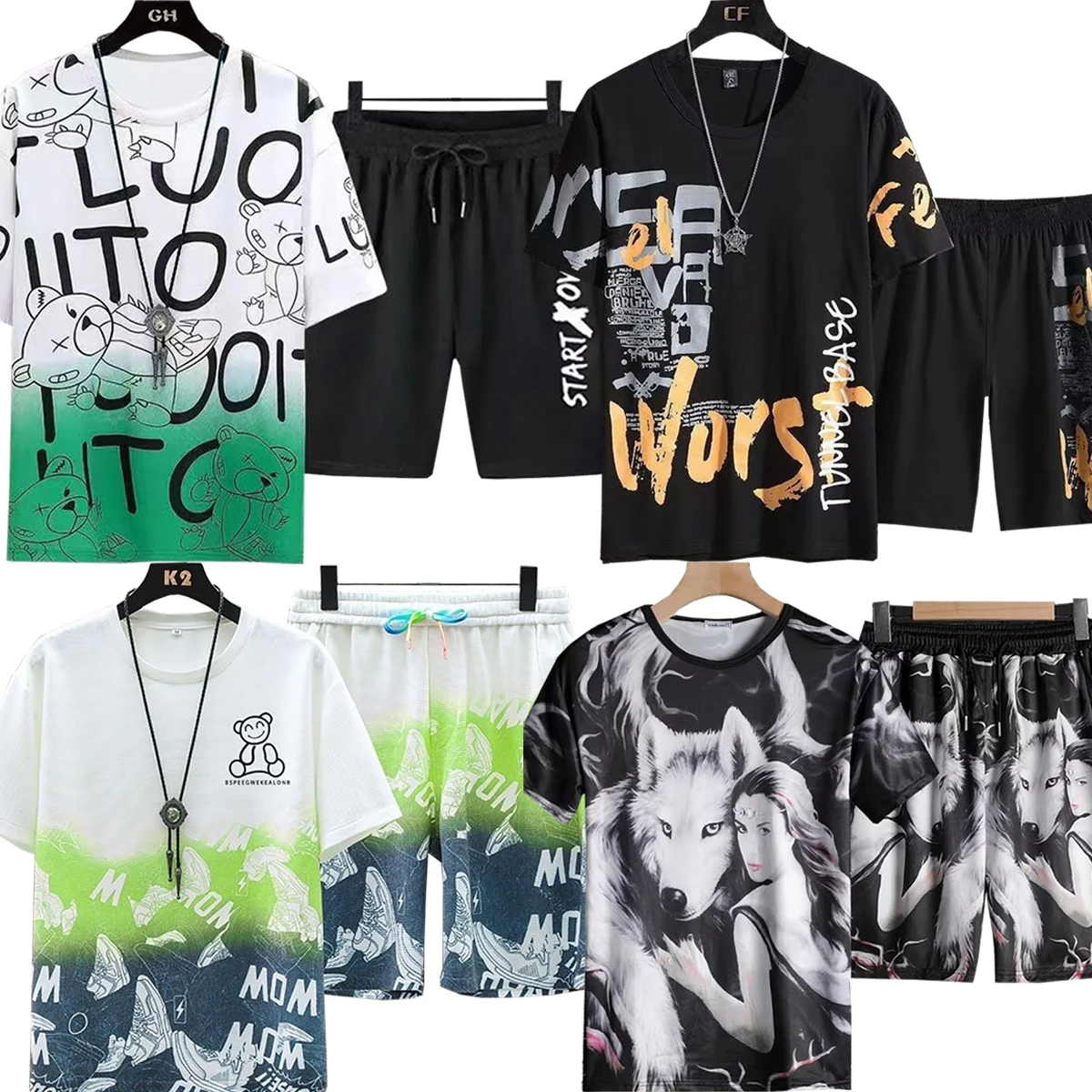 

Men's Short Sleeved T-shirt Casual Shorts Set Round Neck Fashionable Printed Five Quarter Shorts Spring Summer Young People