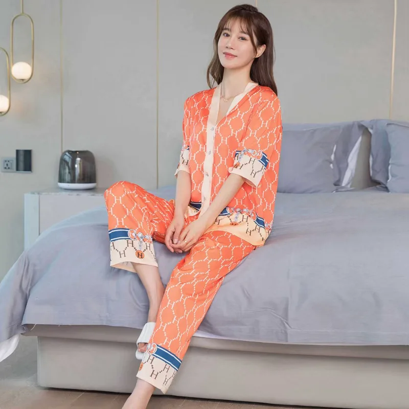 2024 Summer New Style Pajamas Women's Orange Simple Style Internet Celebrity Hot Style Home Clothes