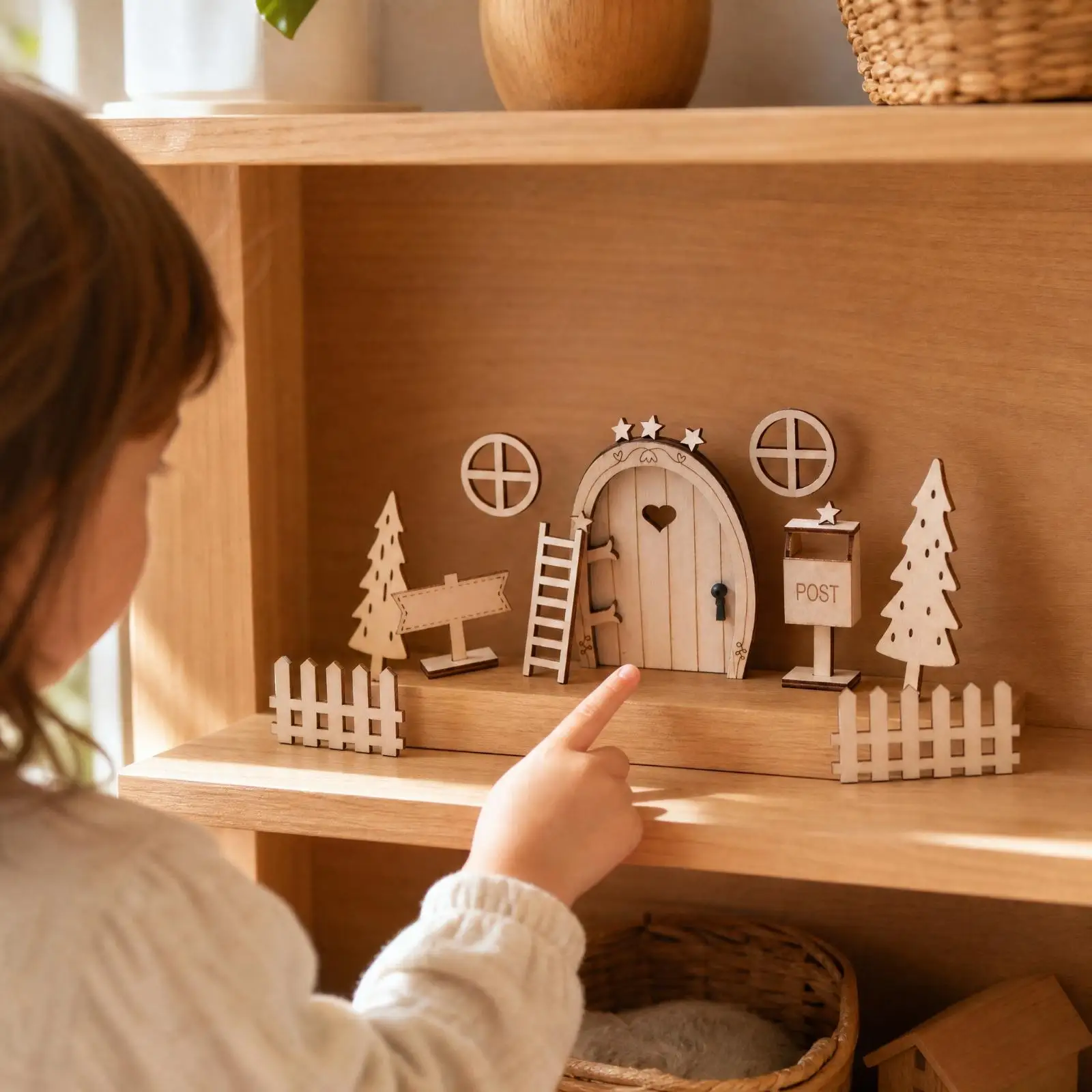 Fairy Garden Miniatures Wooden Door with Picket Fence Trees and Ladder for Dollhouse Decor Whimsical Tabletop Scene Props