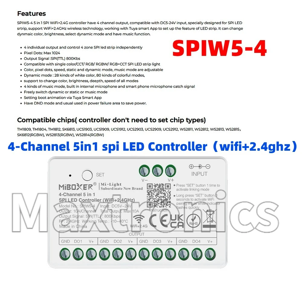 Miboxer 5in1 SPI LED Controller SPIW5-4 WiFi+2.4GRF RGB RGBWIC 4-Channel Signal Amplifier For WS2811 WS2812B LED Pixel Strip