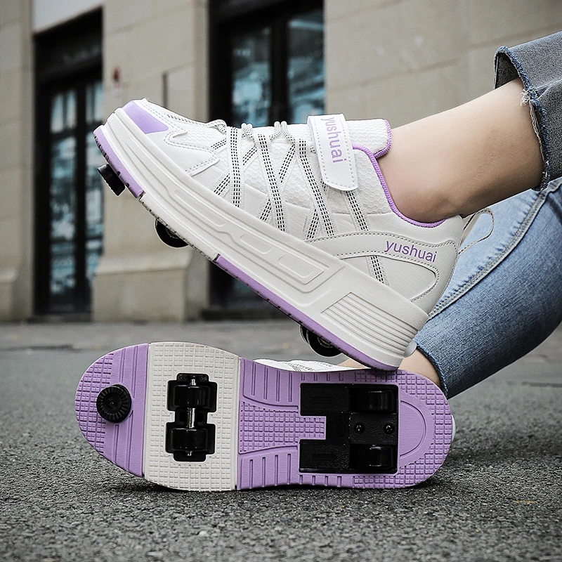 Boys Girls Roller Shoes Fashion With 4 Wheels Semi Professional Children Parkour Deformation Pulleys Running School Skate Shoes view 3