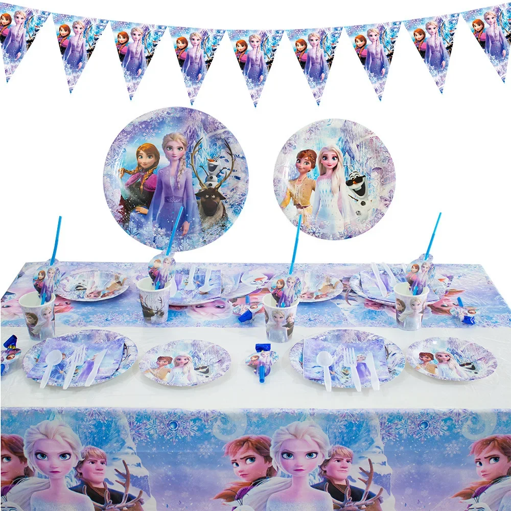 Kids Happy First Birthday Globos Party Decoration Frozen Elsa Paper Disposable Tableware Plate Bacckdrop Candy Box Balloons Set