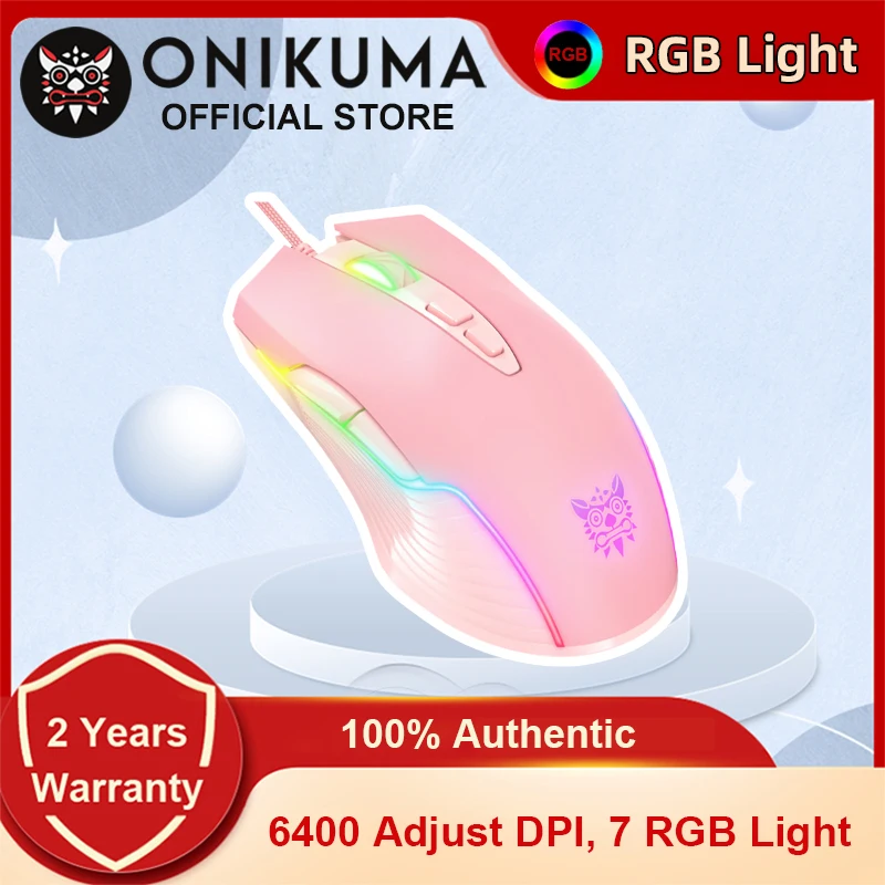 ONIKUMA CW905 Pink Wired Gaming Mouse 7 Programmable Buttons 6 Levels Adjustable DPI 7 RGB Lighting Modes Ergonomic Mice for PC