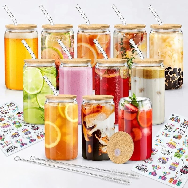 6/8 Pack Glass Cups with Bamboo Lids and Glass Straws, Can Shaped Glass Drinking Jars, Iced Coffee Glasses Tumbler with Cleaning Brush & Stickers, Reusable Beer Soda Juice Water Cup for Home Party