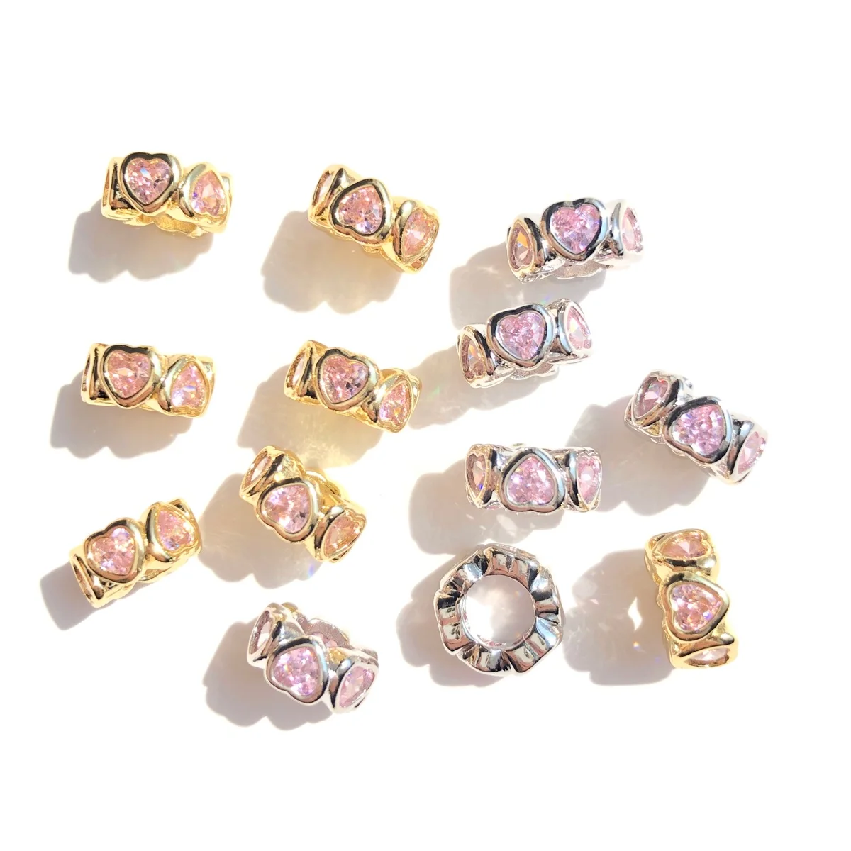 10pcs Pink Heart Zirconia Pave Wheel Spacers Gold-Plated Rondelle Bead for Girl Bracelet Necklaces Waist Jewelry Making Findings