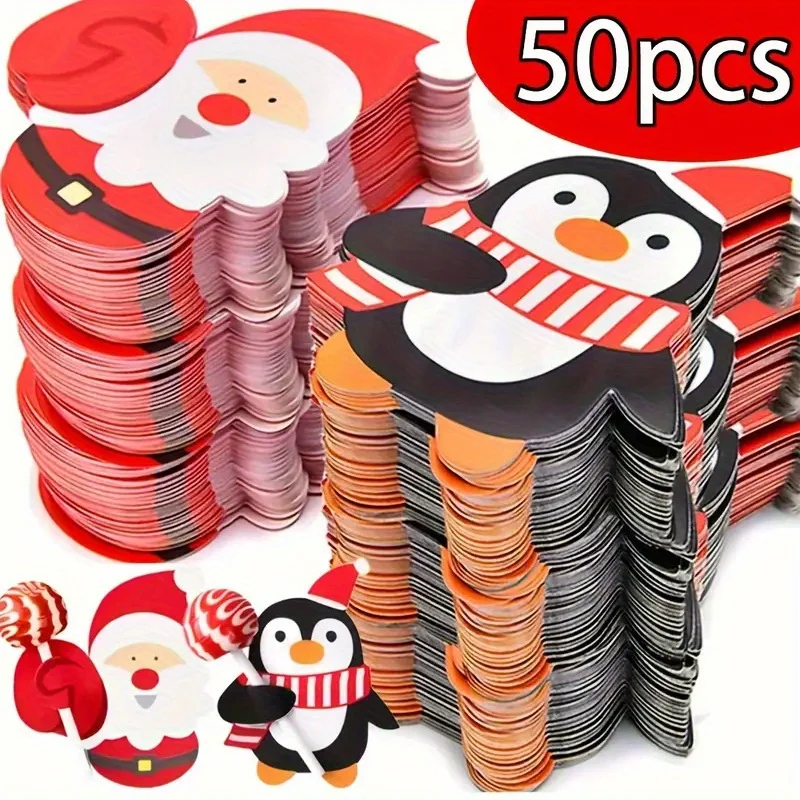 50pcs Christmas Penguin Snowman Cartoon Decoration Card DIY Lollipop Fruit Gift Decoration Card Paper Card