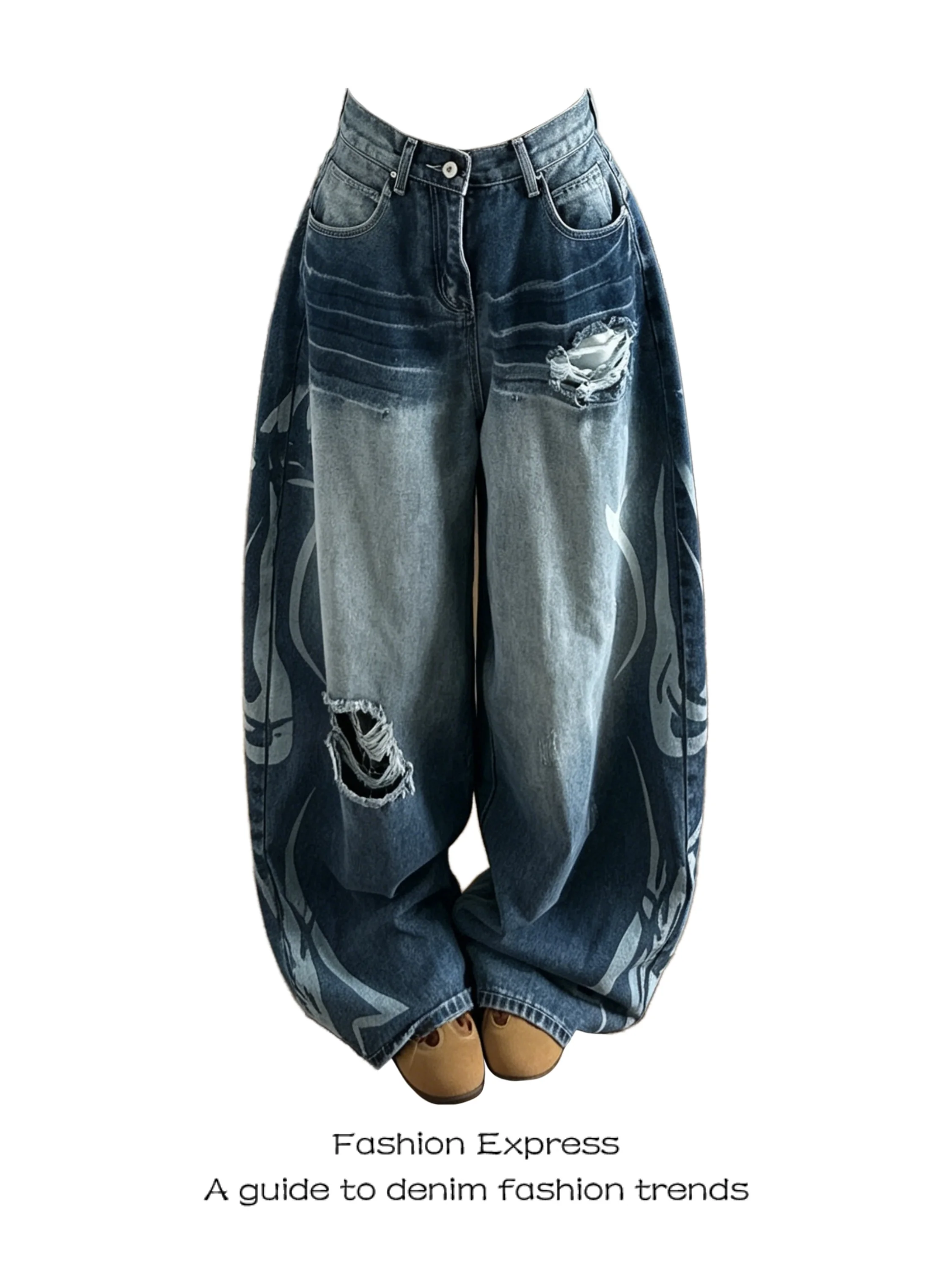 

Retro Washed Wide Leg Jeans Women's High Waist Distressed Denim Pants Loose Fit Floor-Length Knife Casual Trousers
