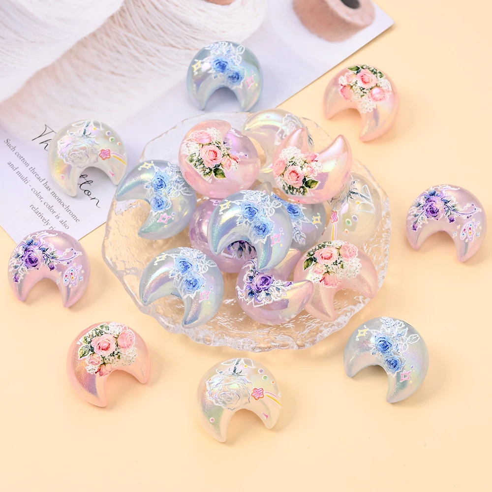 

4 шт. бусины из смолы в форме луны с принтом роз, с отверстием, разноцветные разделительные бусины для изготовления ожерелий, браслетов, украшений ручной работы