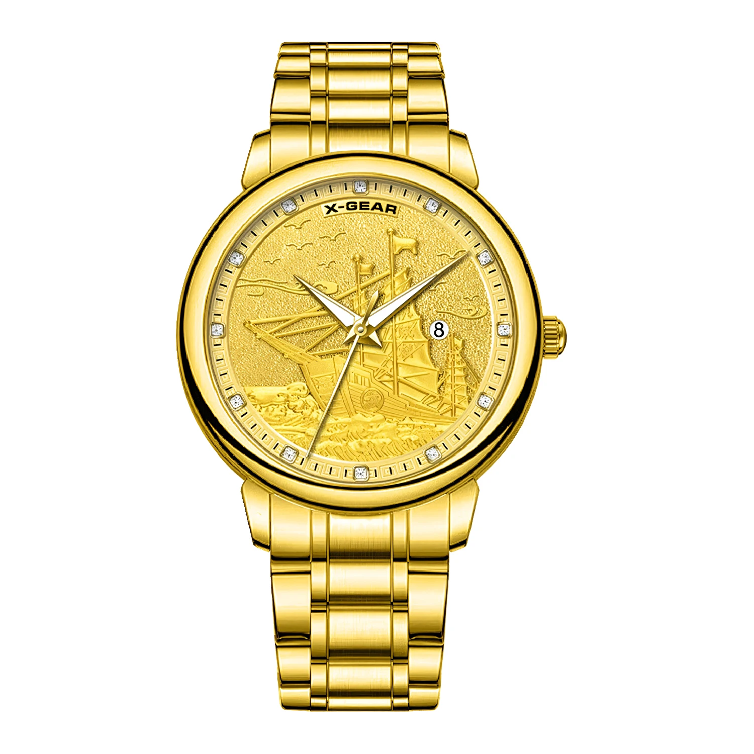 

Men's Gold Ship Shaped Dial Quartz Watches, Waterproof Luminous, Date Week, Stainless Steel, Decorative