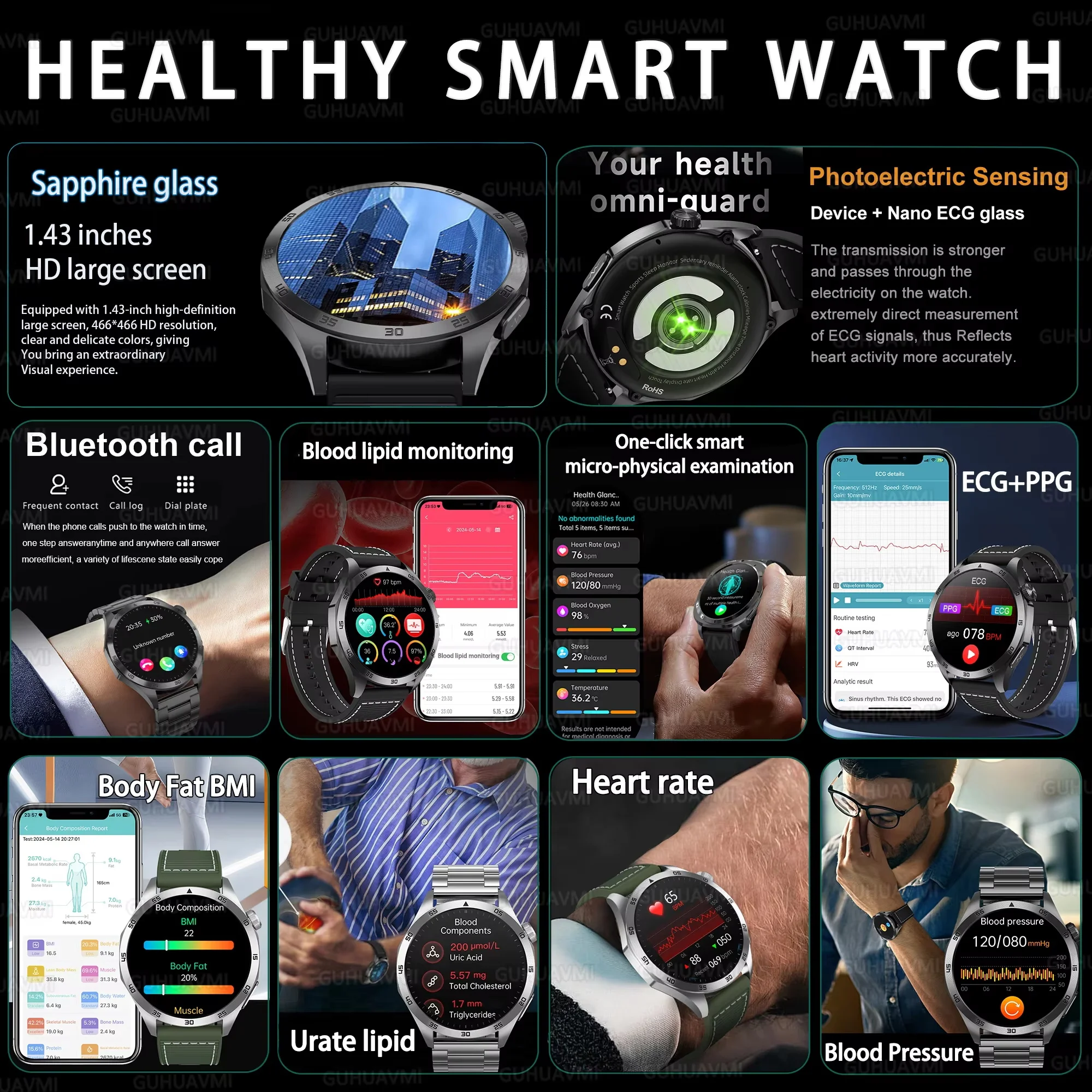 2026 New Nursing Grade Smart Watch ECG+PPG Blood Lipid Blood Pressure Uric Acid HD Bluetooth Call Clock Health Smart Watch Men