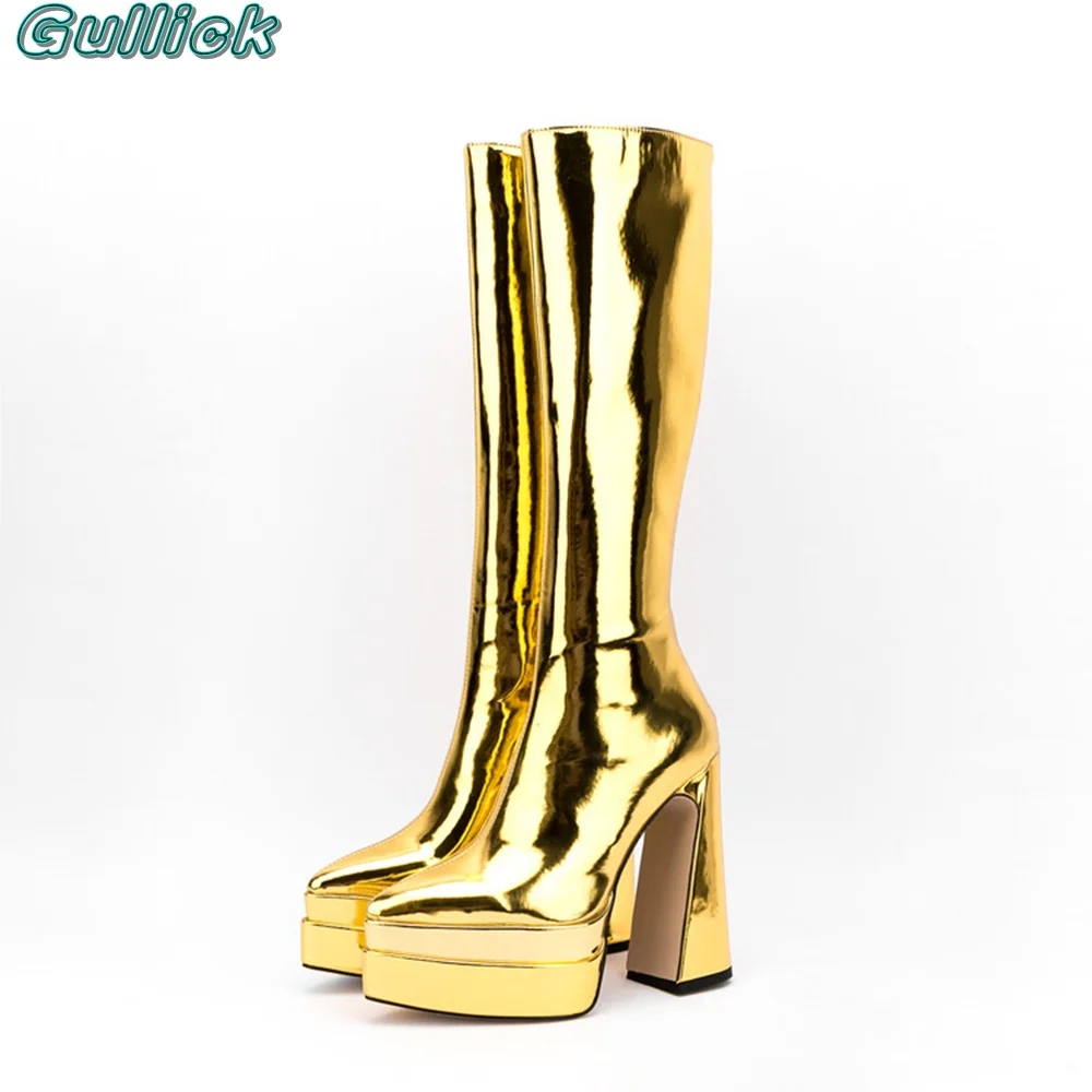 Gullick Solid Green Mirrored Boots Pointed Toe Platform 2024 New Arrivals Knee-High Boots Spring Autumn Fashion Women Shoes