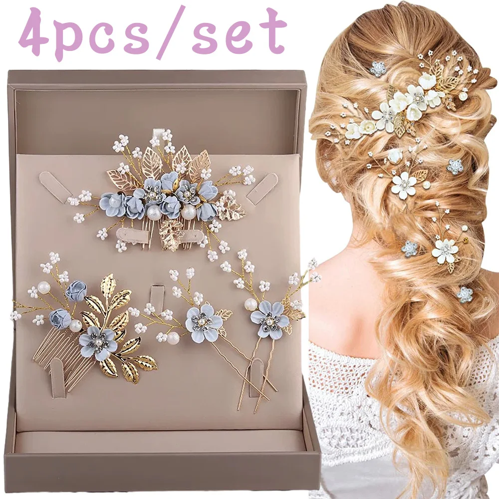 4pcs/set Luxury Pearl Flower Hairpin Side Comb Golden Leaf Shaped Alloy Tiaras Wedding Bride Hair Clips Hair Jewelry Headwear