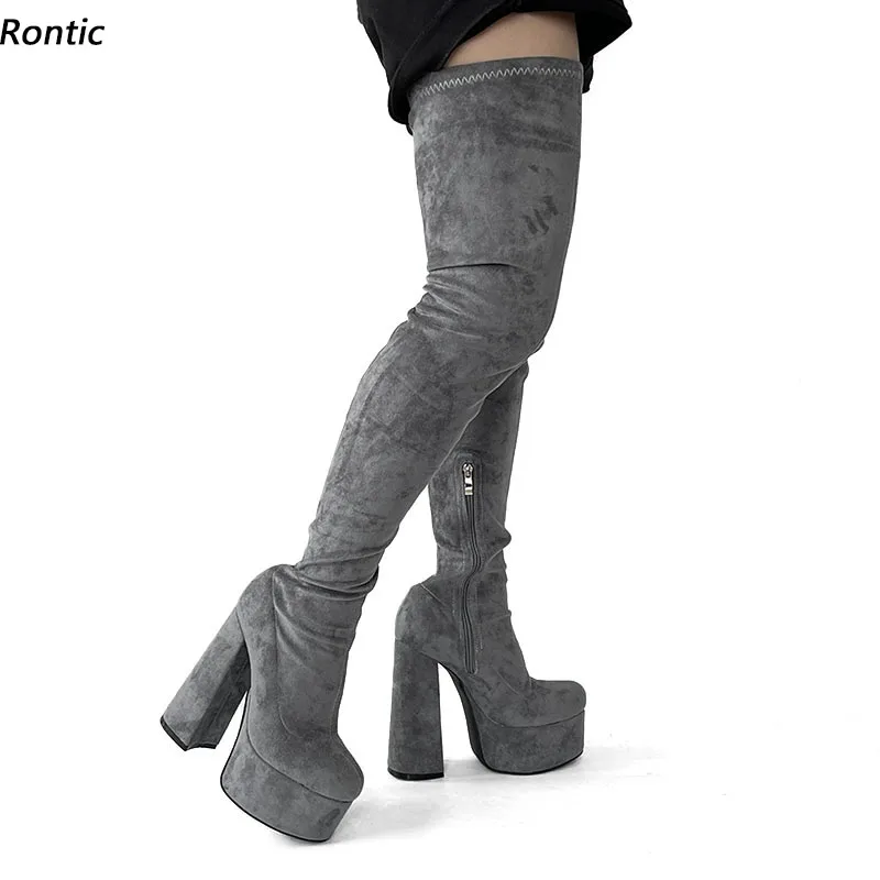 

Rontic Handmade Women Autumn Platform Over Knee Boots Chunky Heels Round Toe Blue Grey Party Shoes Ladies US Size 5-15