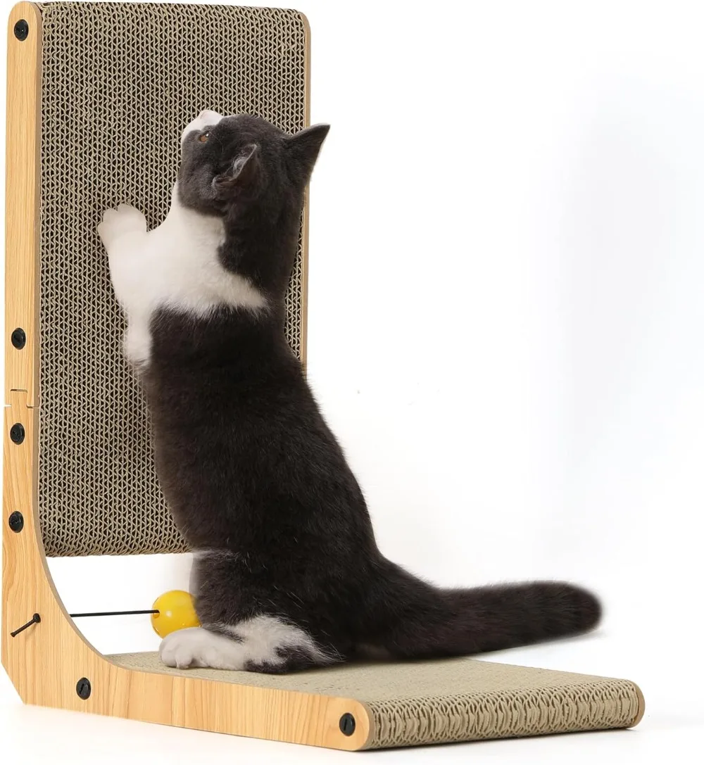 

18.9" L-Shaped Wall-Mount Cat Scratcher w/Ball Toy, Cardboard for Indoor Cats.