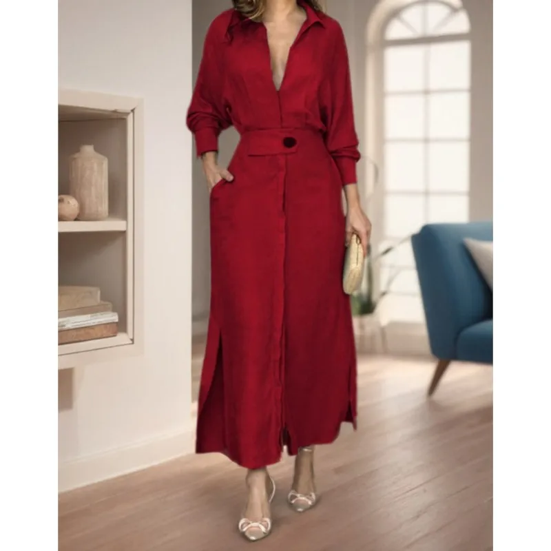 Spring Fall Elegant Women Dress Plus Size White Casual V Neck Lapel Long Sleeve Shirt Maxi Dresses Female Pocket Party Long Robe