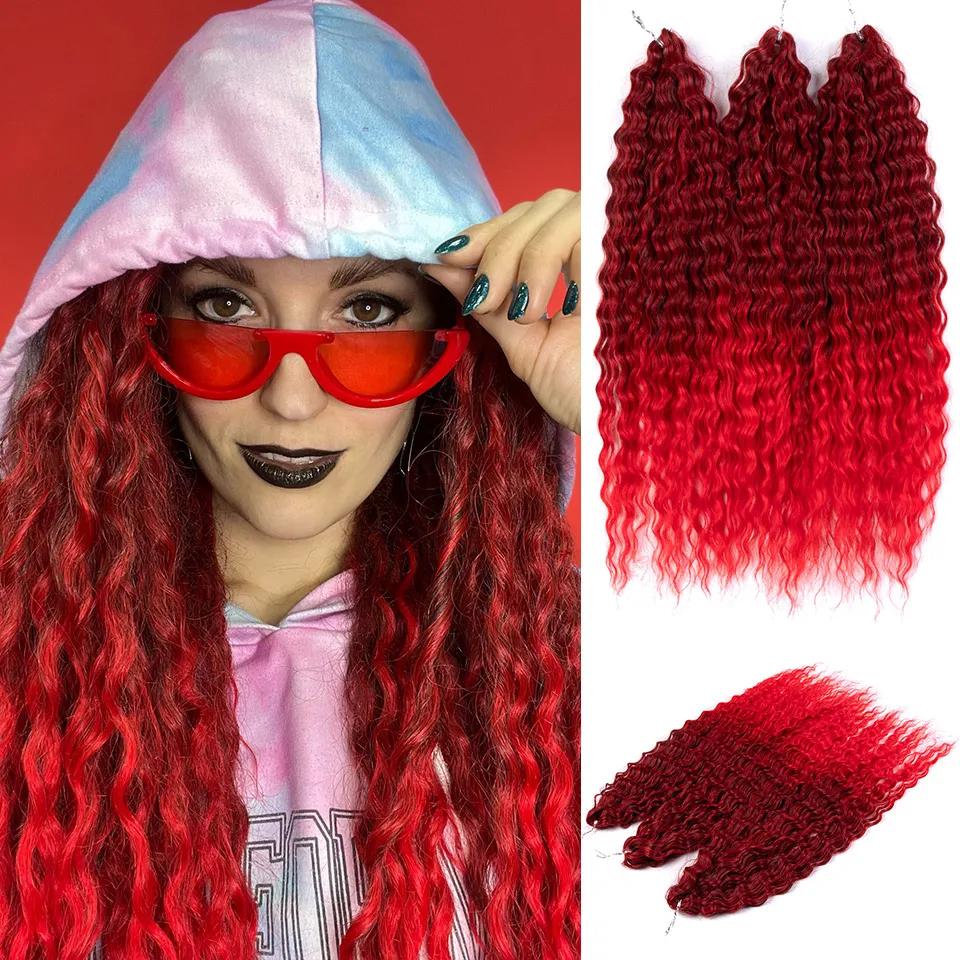 32Inch 3pcs 300g Ariel Curl Hair Water Wave Twist Crochet Hair Synthetic Braid Hair Ombre Red Deep Wave Braiding Hair Extensions