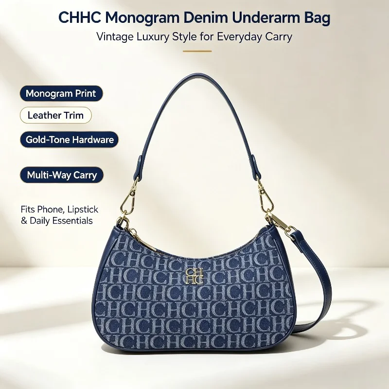 CHHC 2026 New Women Denim Letter Handbag Shoulder Underarm Bag Casual Street Crossbody Tote Fashion Versatile Purse