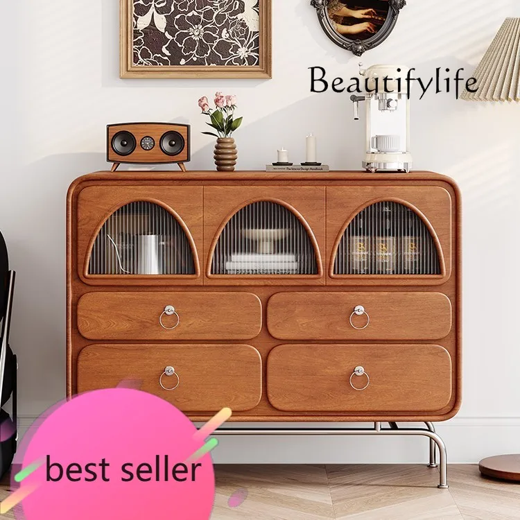 

Retro style solid wood simple wall walnut cream style bedroom bedside locker small apartment drawer cabinet
