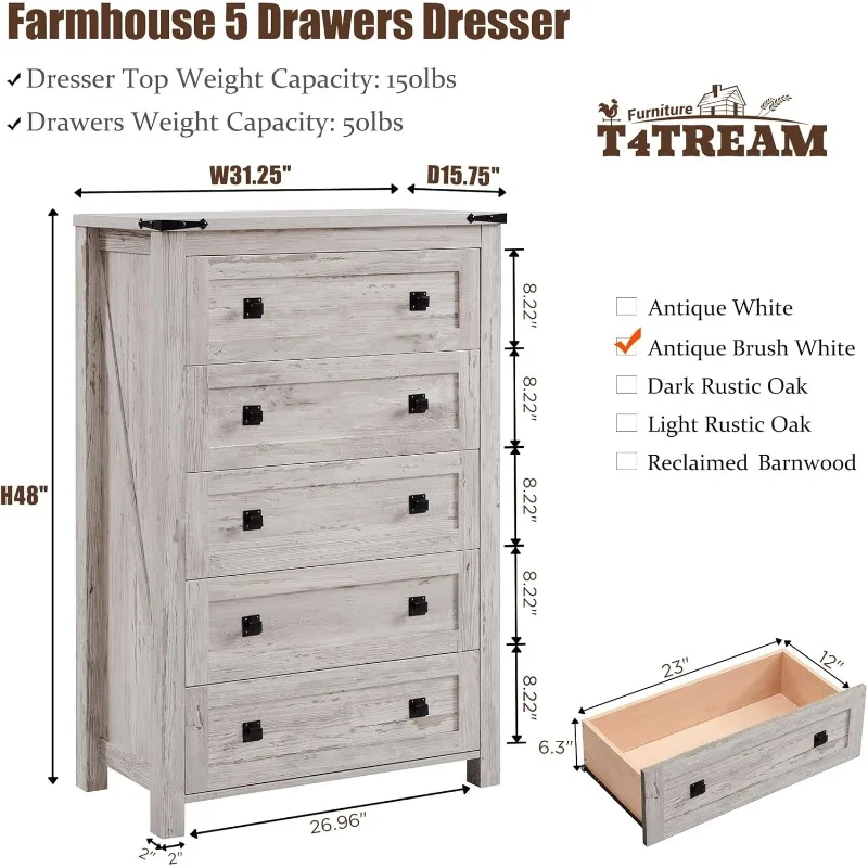 Farmhouse 5 Drawers Dresser Chests for Bedroom, Wood Rustic Tall Chset of Drawers,Dressers Organizer for Bedroom, Living Room