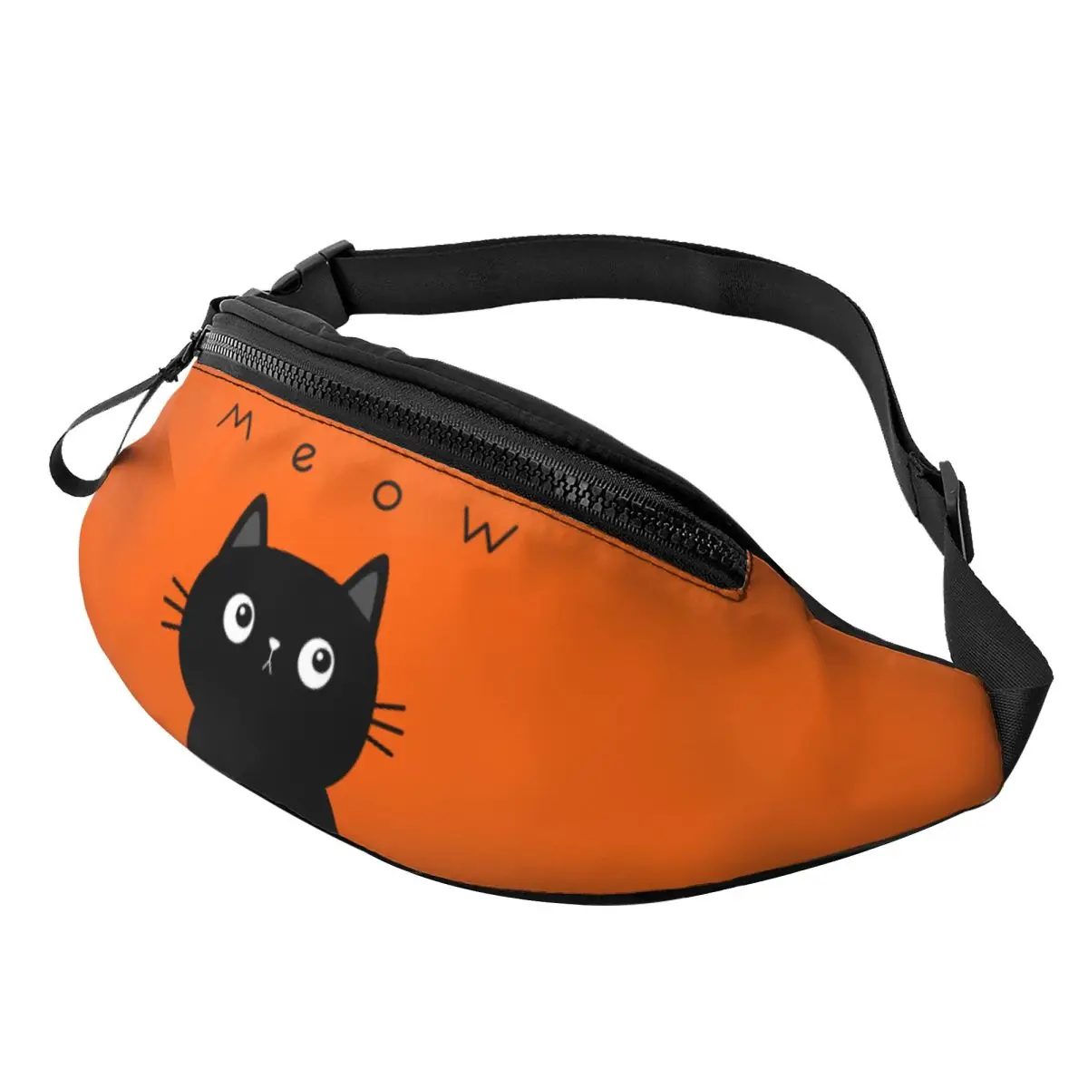 

Custom Meow Black Cat Kitten Face Head Fanny Pack for Men Women Cartoon Crossbody Waist Bag Cycling Camping Phone Money Pouch