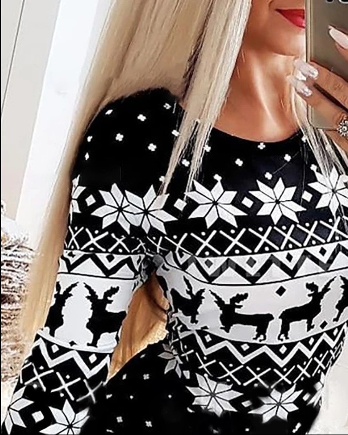 Christmas Casual Long Sleeve Snowflake Elk Print Bodycon Dress for Women 2024 Female Clothes New Fashion Women\'s Skinny Dresses