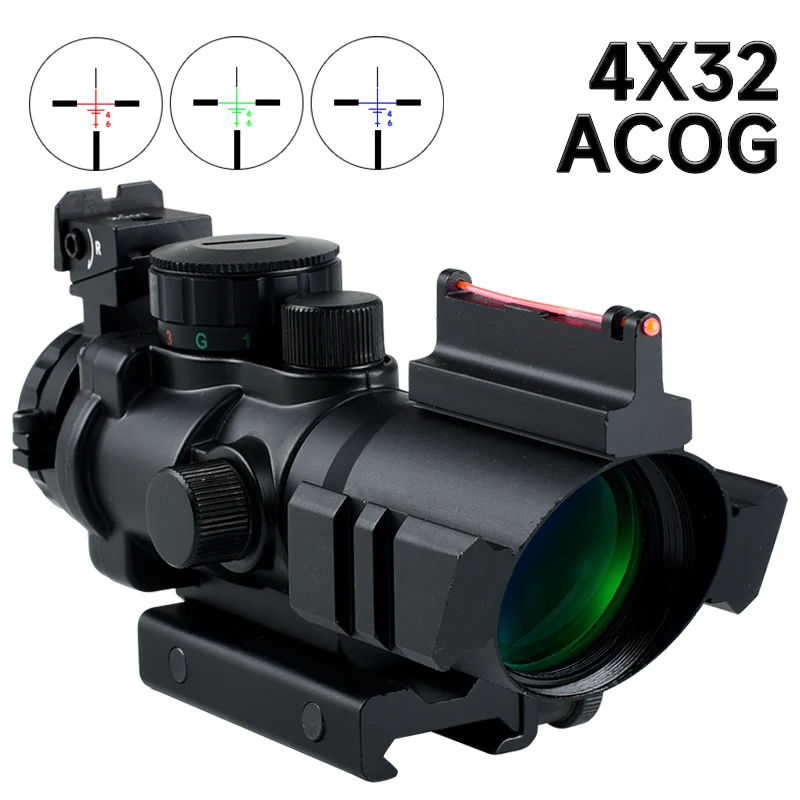 

4x32Acog Tri-Illuminated Cross Scope Hunting Optical Riflescope Adjustable Tactical Reflex Red Fiber Optic Sight Fit 20mm Rail