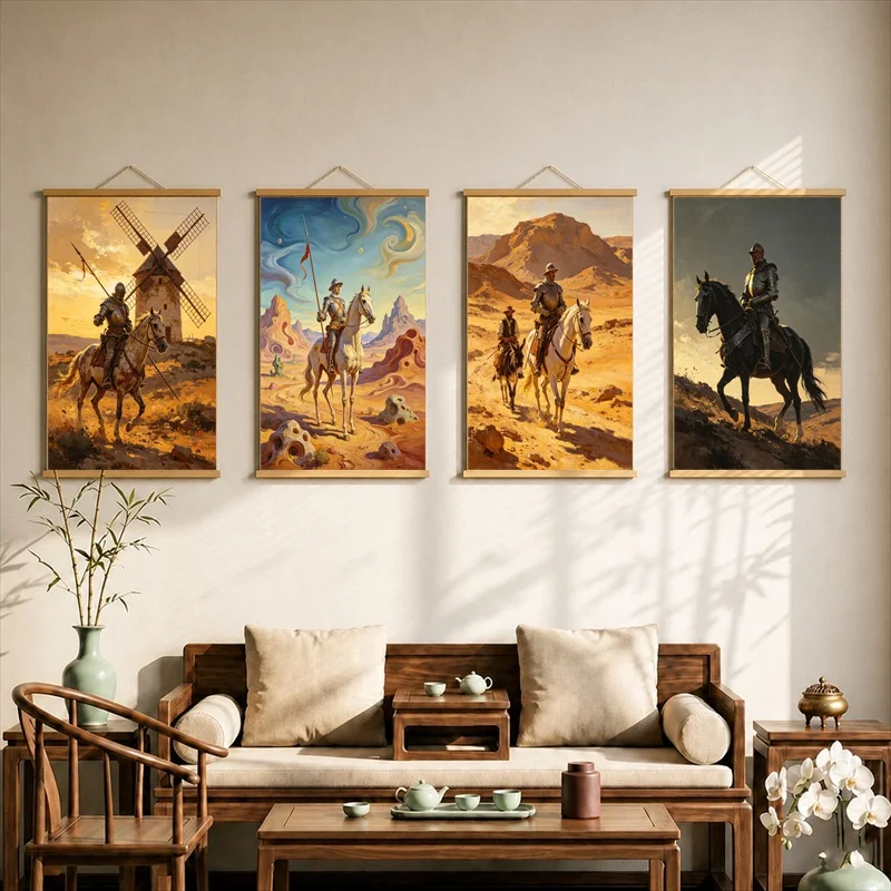 Wall Art Wandering Knight and Windmill, Vintage Literary Pearlescent Canvas Hanging Scroll Decor for Independent Bookstore