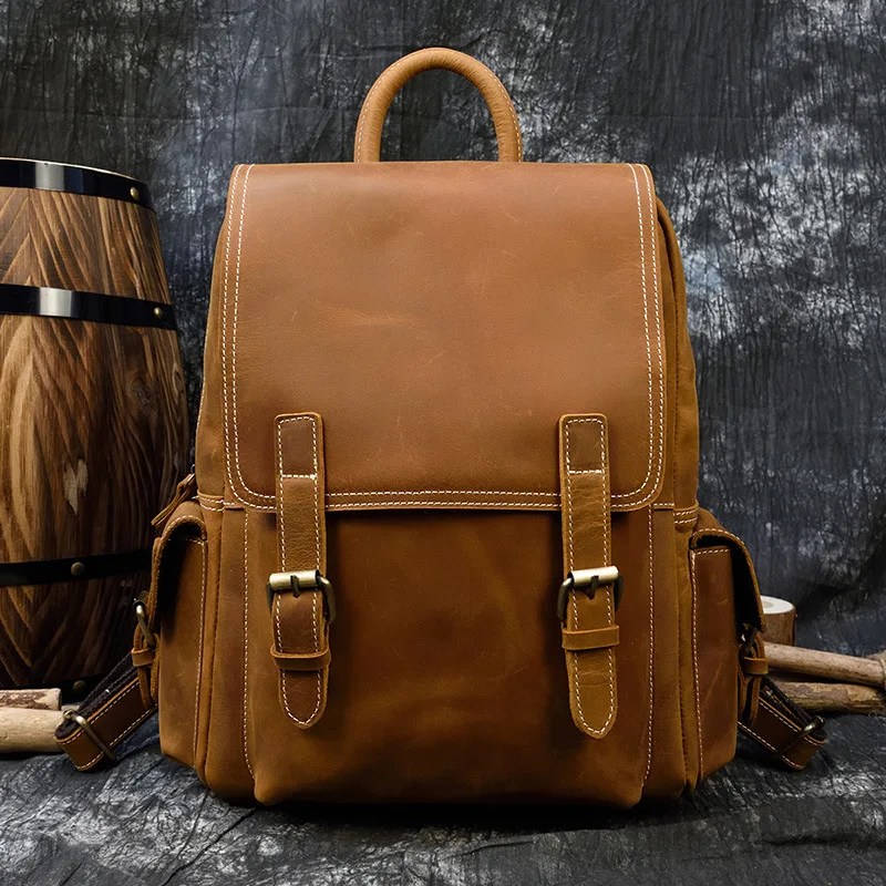 

Vintage Crazy Horse Leather Backpack, Unisex Genuine Leather Rucksack Student School Bag Travel Daypack for Men Women