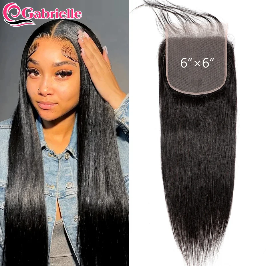 Gabrielle 6x6 Lace Closure with Baby Hair Brazilian Straight Human Hair Lace Closures Only Deep Part Natural Black Remy Hair