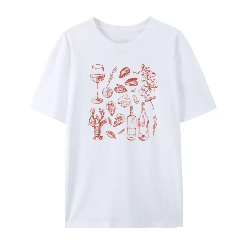 Summer American Ins Women's Retro Seafood Printing T-Shirt Trendy Retro Y2k Oyster Lobster Cute Loose Vacation Half Sleeve Top image 2