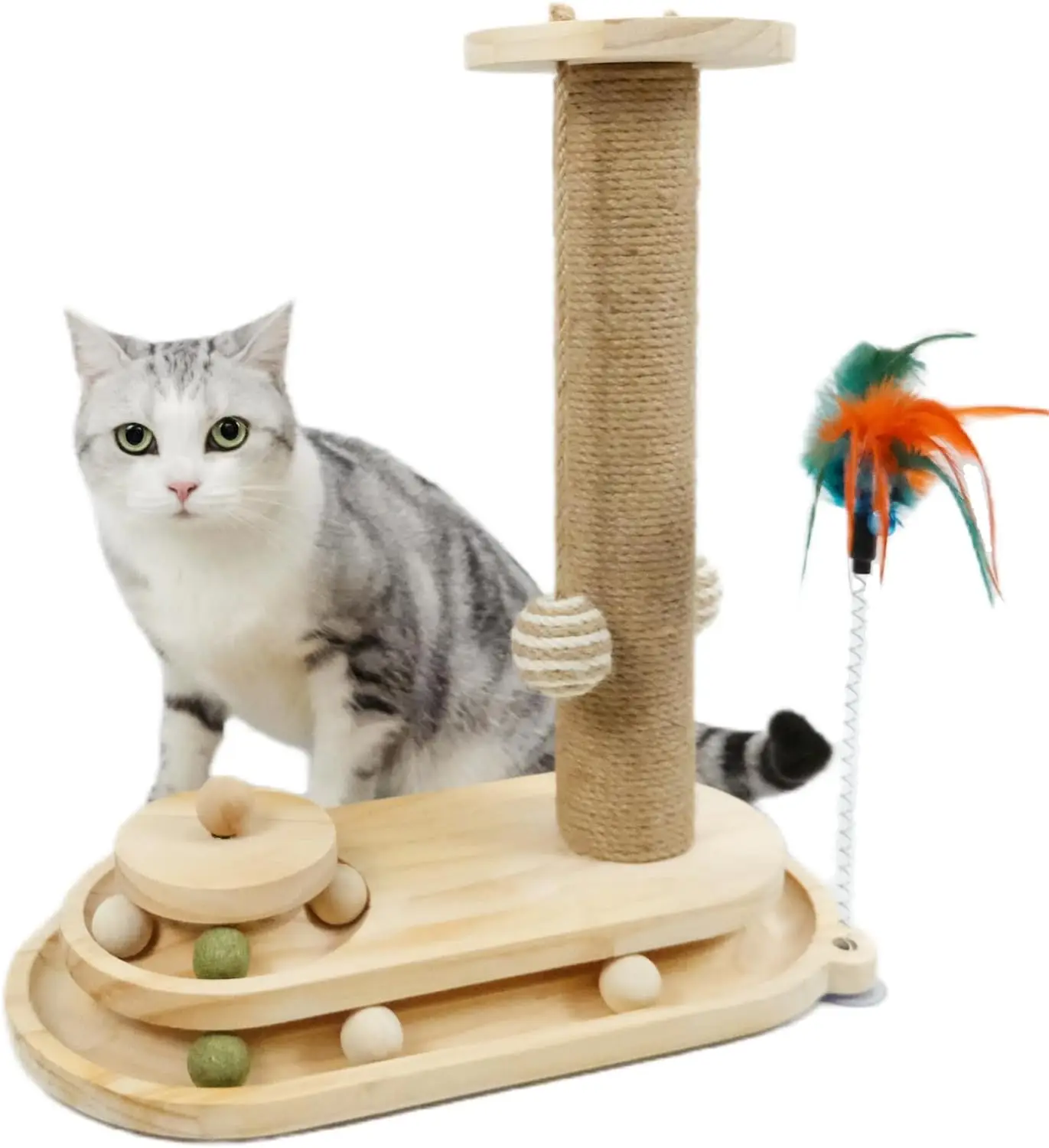 

Sisal Woven Cat Scratching Post, Wooden Rails, Hanging Plush Ball, Indoor Cat Toys, 16.5"