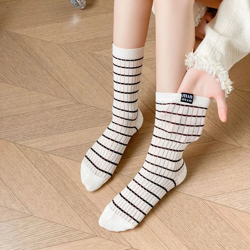 Thinsocks For Women Striped Printed Japanese Korean Style Fashion Thin Loose Middle Tube Summer Socks Luxury Solid Color MinMin