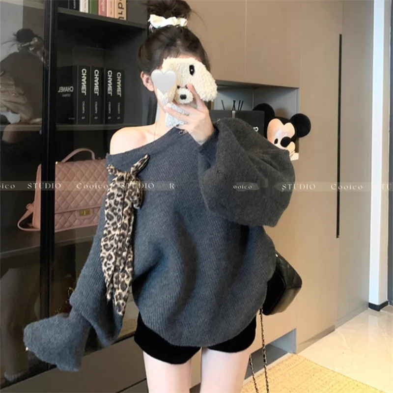 

Sweet Hot Girl Leopard Off Shoulder Long-sleeved Sweater Women's Autumn/winter Loose Knitted Pullover Top Fashion Female Clothes