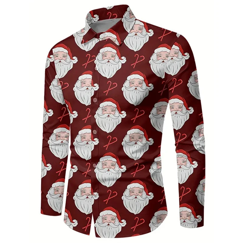 2024 Men\'s Long Sleeve Christmas Santa Fashion Casual Party Lapel Printed Comfortable and Versatile Plus Size Shirt