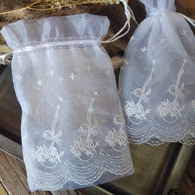 White Lace Organza Pouches,Large Size 14.5x23cm,Drawstring Gift Bags,Wedding Favor Bags,Flower Jewelry Gift Pouch