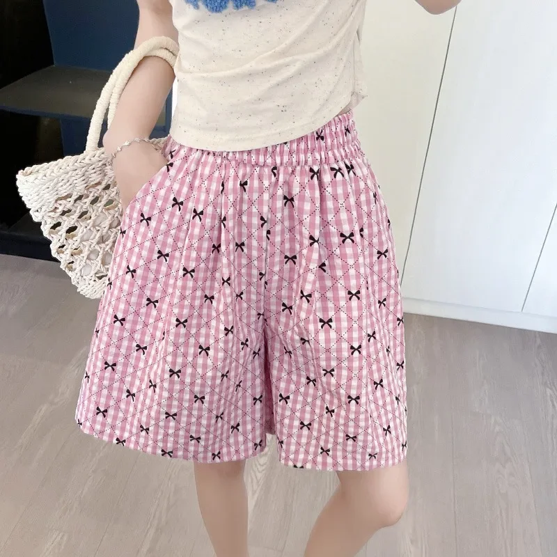 Plaid Elastic Waist Sports Shorts Women Korean Style Casual Wide-legged Pants Fashion Versatile Daily Sweet Girls Shorts Female