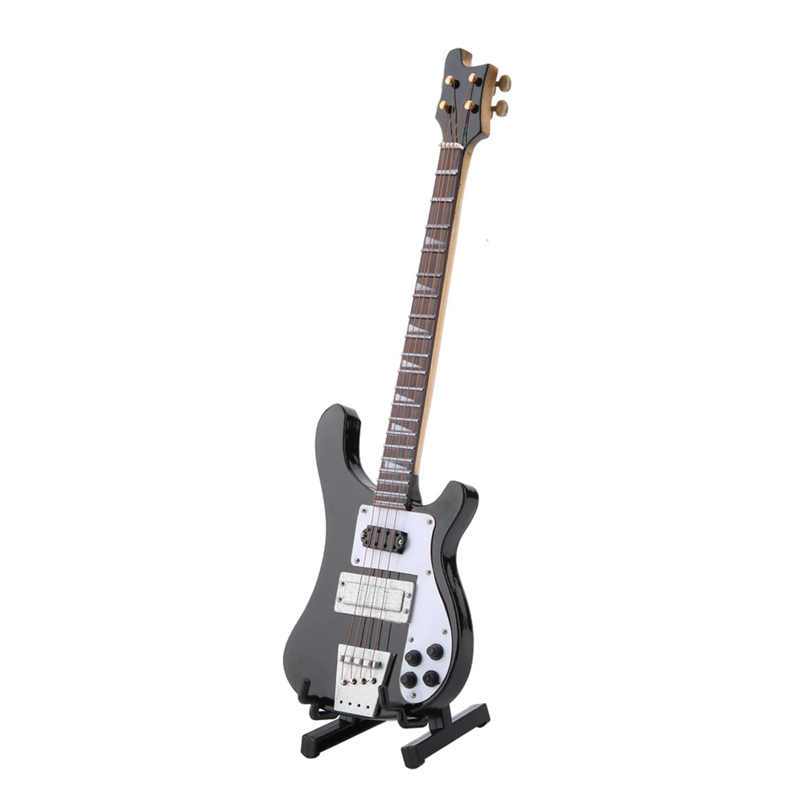20cm Black Miniature Bass Guitar Replica with Stand and Case Music Instrument Model Ornaments Gift for Bookcase Desk Decoration