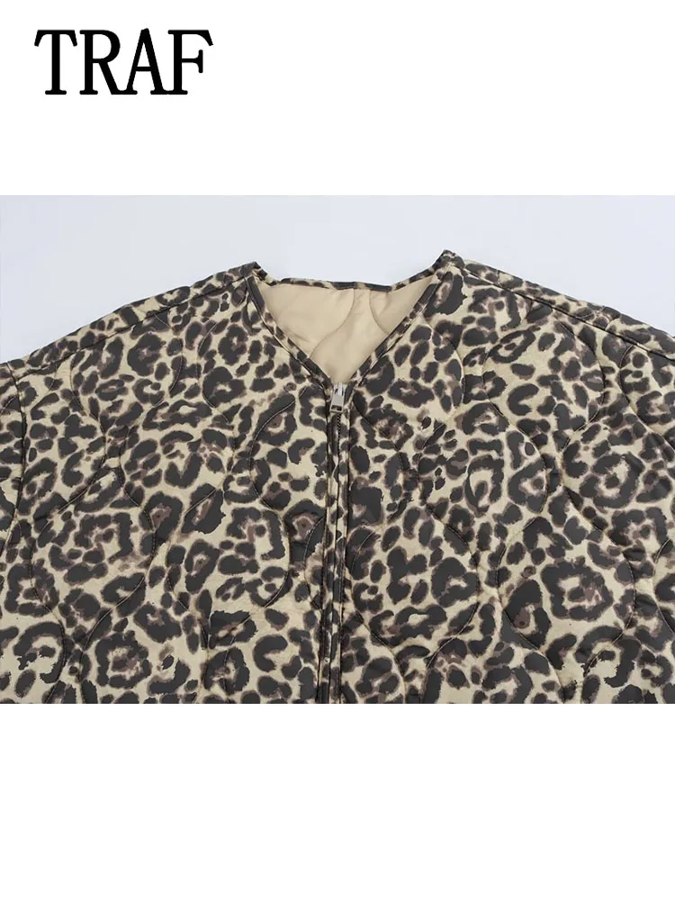 TRAF Women Fashion Leopard Print Coat Winter Cotton Coats For Women Loose Long Sleeves Pockets New in Outerwears Coat