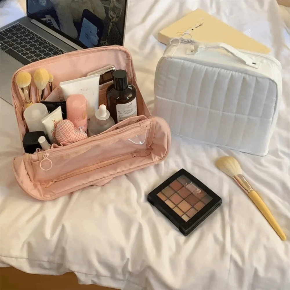 

Standable Women Makeup Bag Vertical Style Solid Color Cosmetic Organizer Large Capacity Thickened Travel Luggage Bag Storage