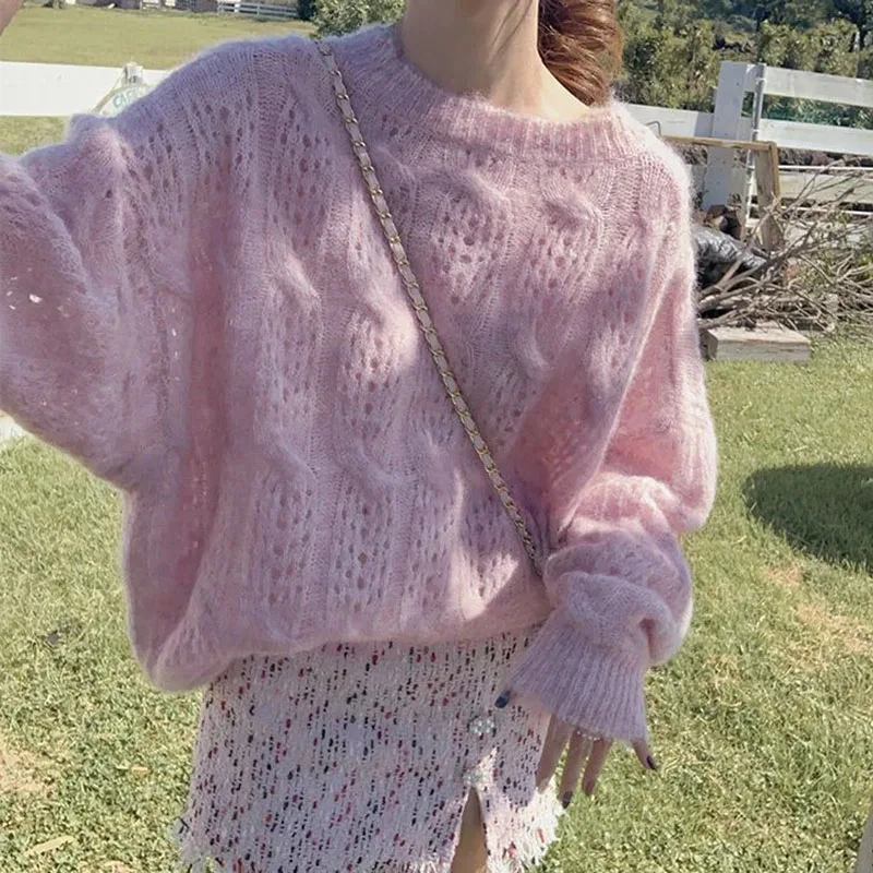 

Милый розовый мягкий вязаный свитер для женщин, свободные полые тонкие джемперы с длинными рукавами, весна-осень, трикотаж с длинными рукавами, новинка 2025 г.