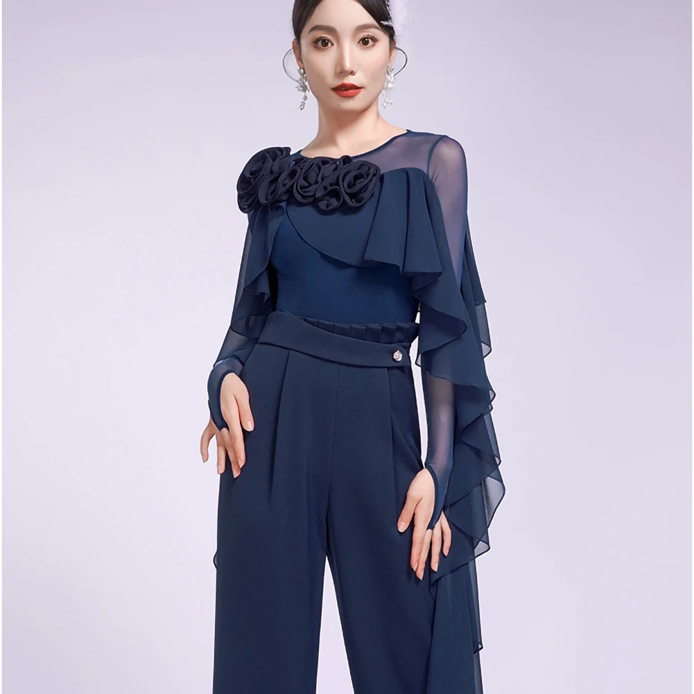 

Ballroom Dance Rose Red Ballroom Dance Practice Suit Top Lotus Leaf Floating Cloth Indigo Waltz Suit Women's Black Top Jumpsuit