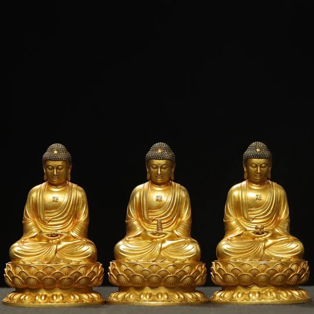 Three Jewels Buddha Statue Set Shakyamuni Amitabha Medicine Buddha Pure Copper Carved Home Temple Altar Desk Decor Ornament