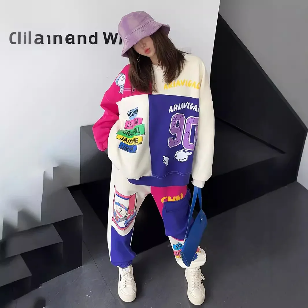Winter College Style Contrasting Color Splicing Oversized Sweatshirt and Thickened Sweatpants Fleece Casual Sports Sets Women