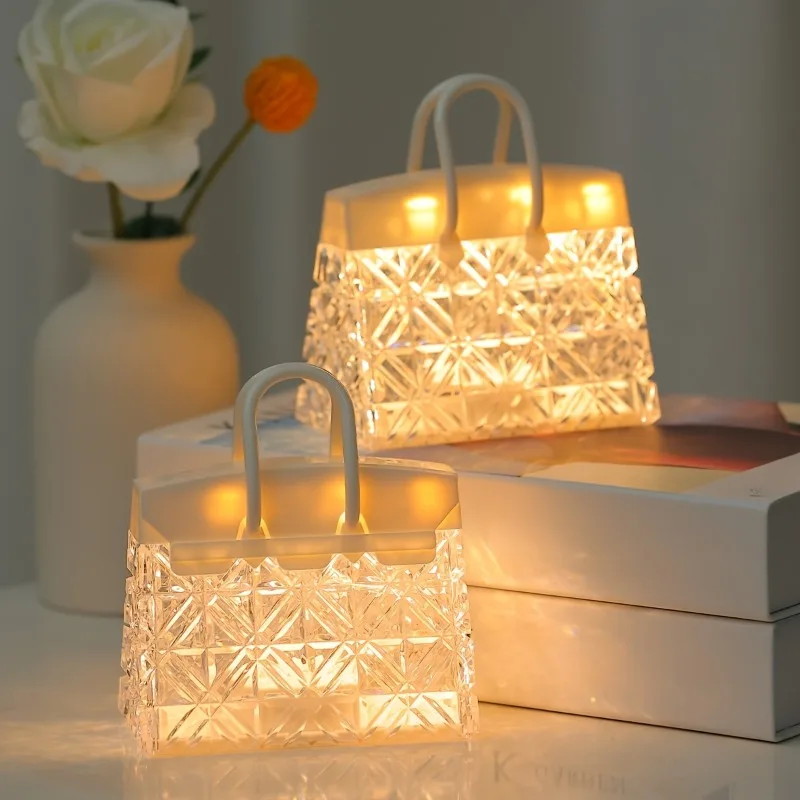 Chic Handbag-Inspired Acrylic Night Light - Battery Operated, Modern Bedroom Ambiance Lamp